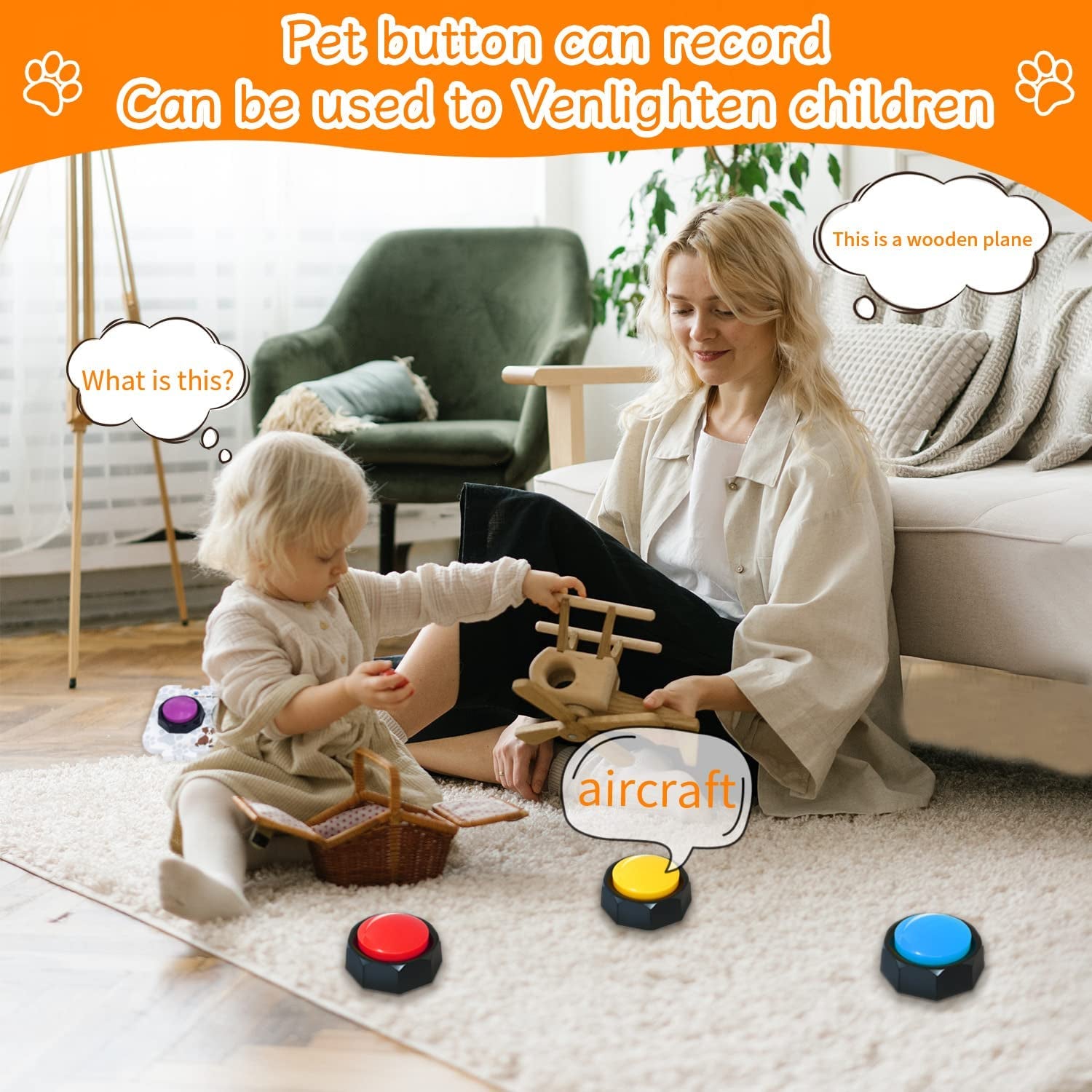 Set of 4 Dog Buttons，Including 2 Mats, Training Guide and Pre-Installed Battery. Dog Voice Training Buzzer ，Recordable Button ，Train Your Dog to Make the Sound They Want (Battery Included)