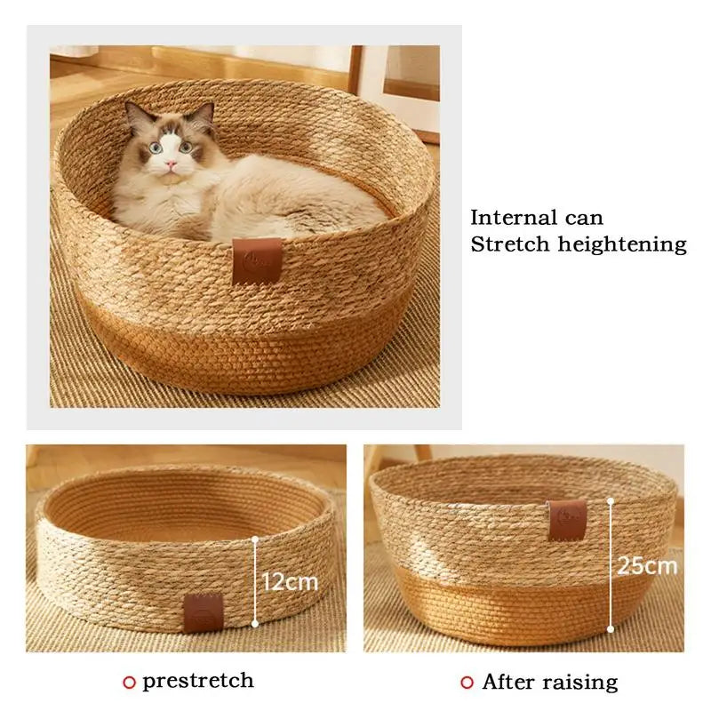 PE Rattan Woven Cat Bed Lounger Wicker Dog Bed Cat Scratching Board Cozy Kitten Nest Pet Furniture for Cat Scratching Rabbits