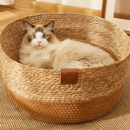 PE Rattan Woven Cat Bed Lounger Wicker Dog Bed Cat Scratching Board Cozy Kitten Nest Pet Furniture for Cat Scratching Rabbits